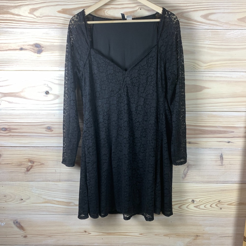 Whimsigoth Dress Women 2XL Lace Long Sleeve Black Mini Sweetheart Divided Gothic